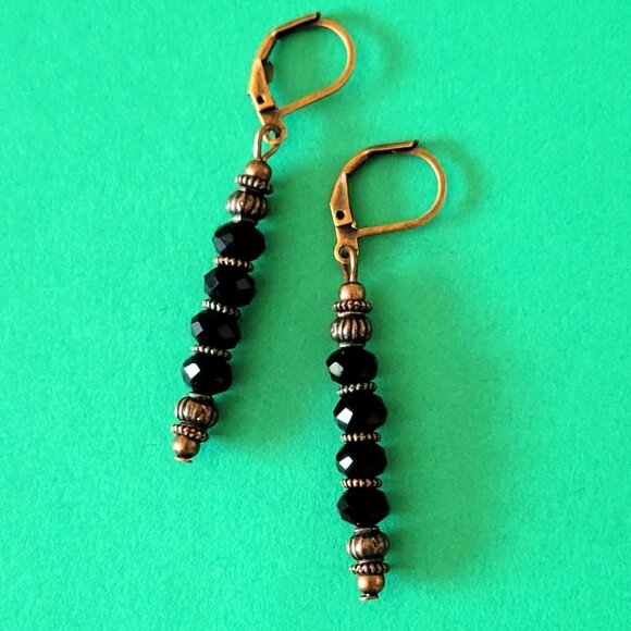 Black CRYSTAL Rondelle EARRINGS Copper Brass Lever Back Earwires Art Deco - Picture 8 of 9